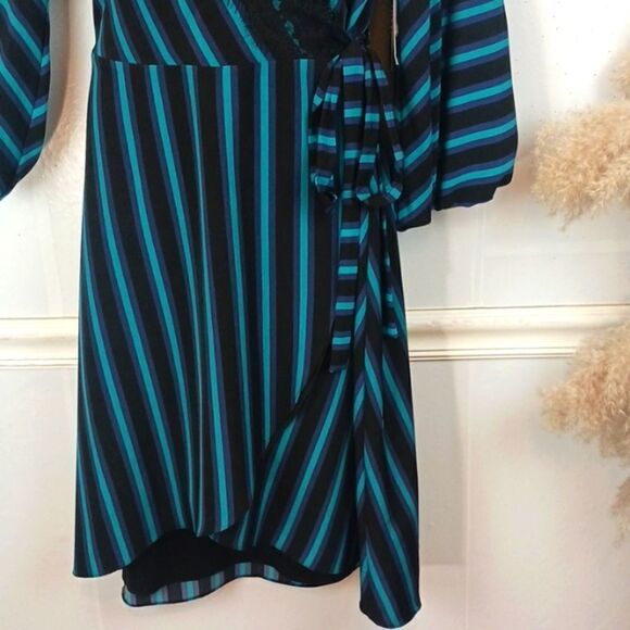 ISAAC MIZRANI Teal / black stripped long-sleeve V-neck Boho wrap midi dress L - Picture 5 of 14